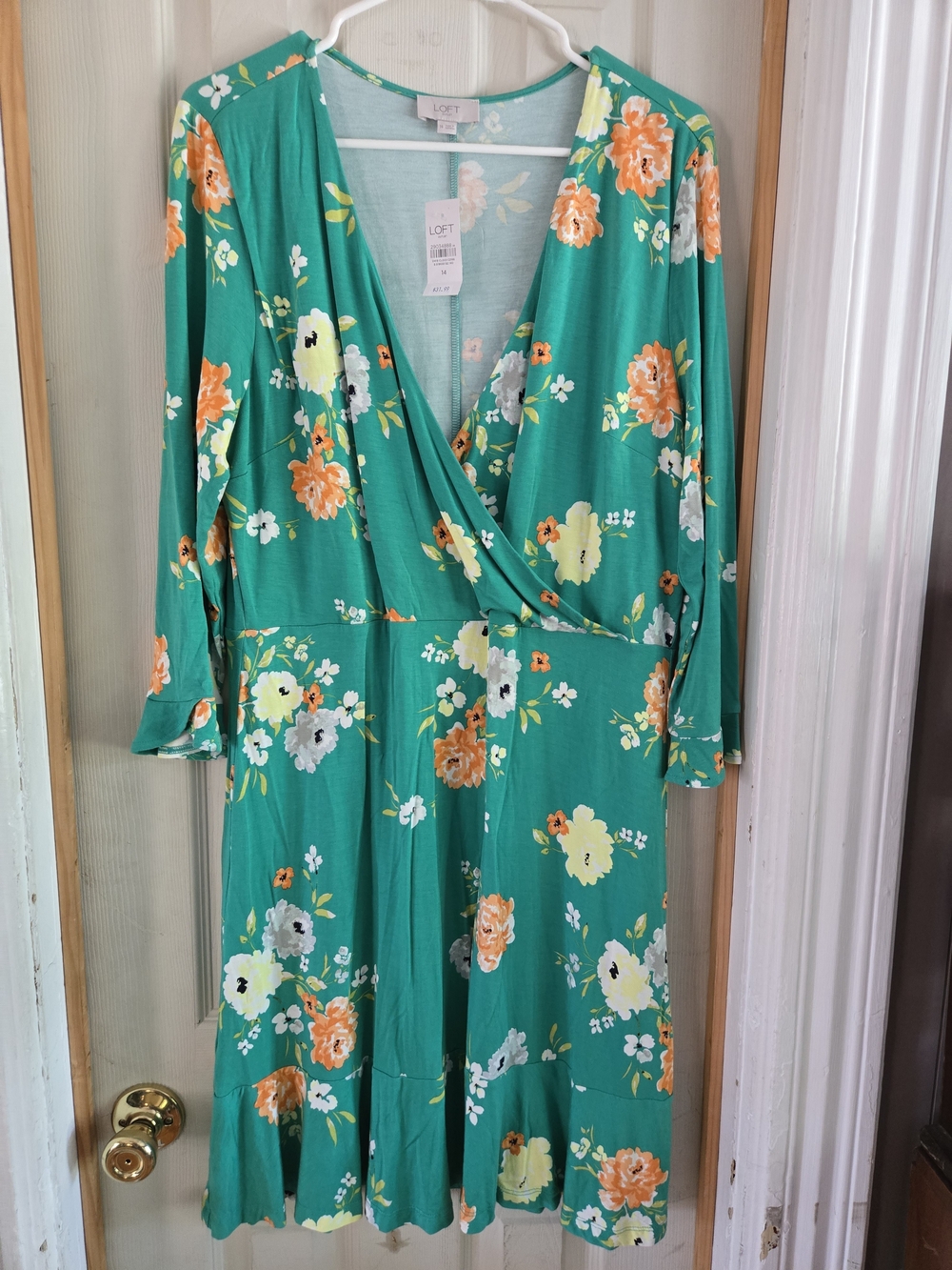 LOFT Teal Green Floral Wrap Midi Dress